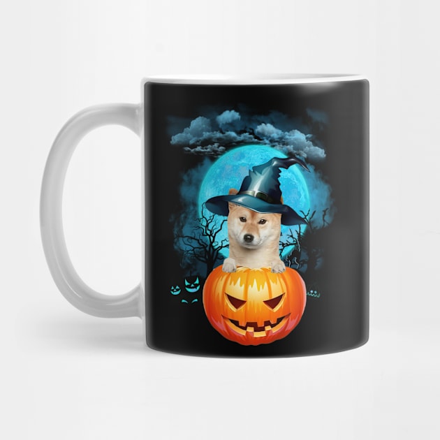 Shiba Inu Witch Hat Pumpkin And Blue Moon Halloween by Tagliarini Kristi